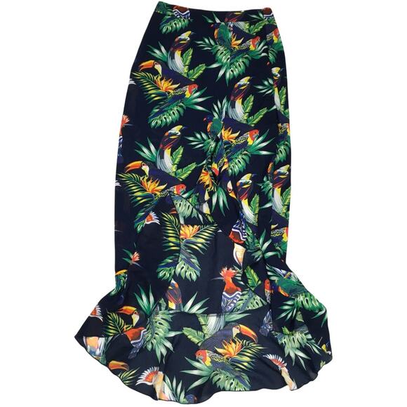 Last Girl Maxi Skirt Ruffle Tropical Toucan Rainforest Womens M Navy Multi-Color - Picture 7 of 7
